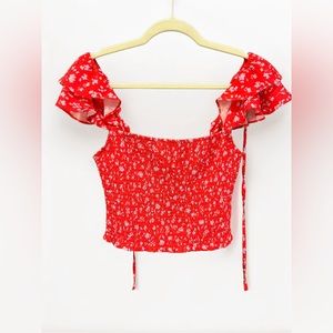 PARKER ruched floral pattern cap sleeve square neck top